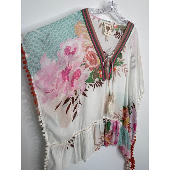 Z&L Europe Floral Print Airy  100% Cotton Pom-Pom Caftan Swim Cover Up OS - Picture 4 of 16